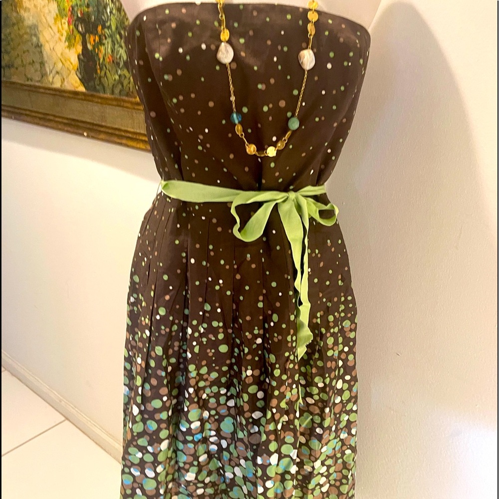 Liz Claiborne Strapless Brown Dress Green Dots 12